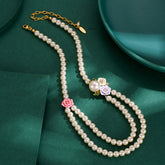 Enamel Glaze Diamond Three-color Rose Flower Double-layer Pearl Necklace Female